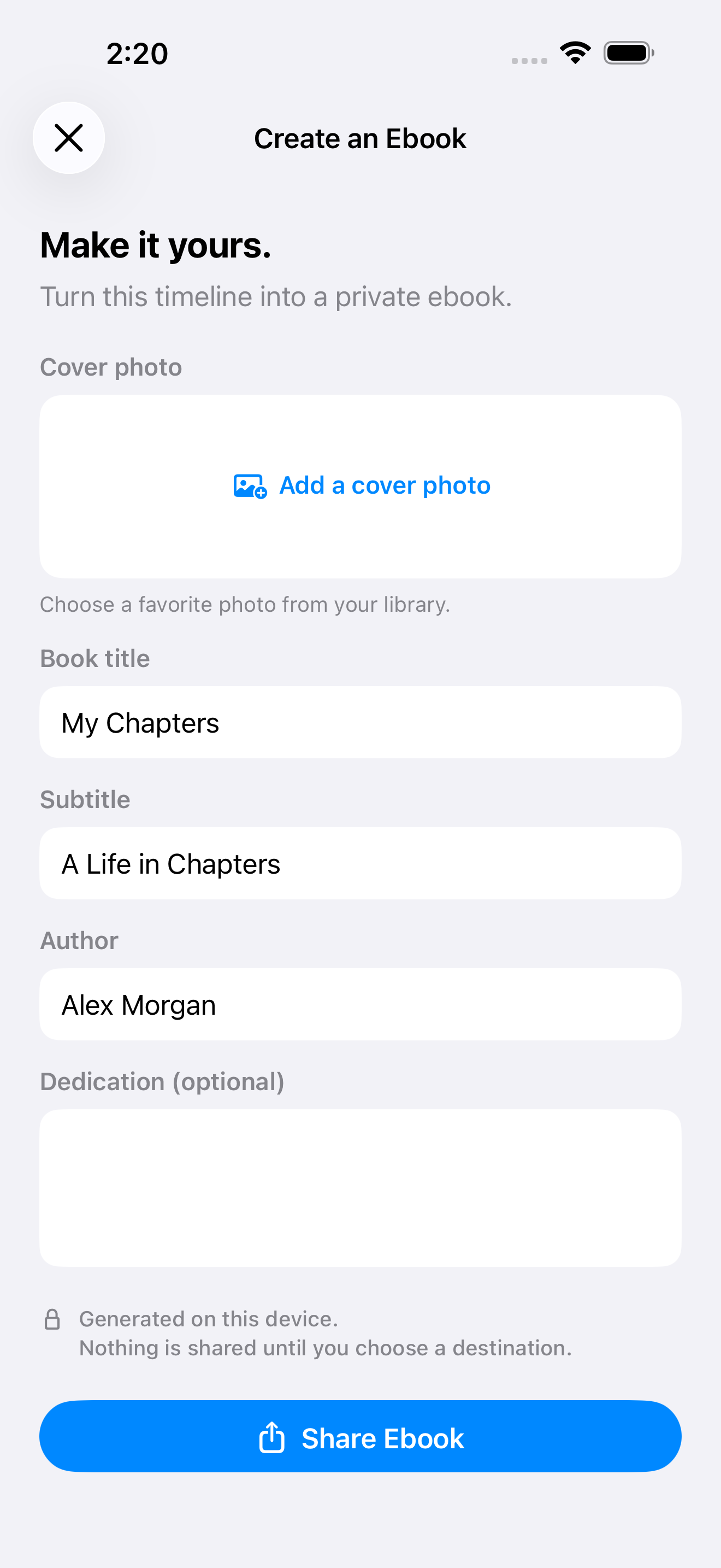Create a private ebook from selected chapters in a personal timeline