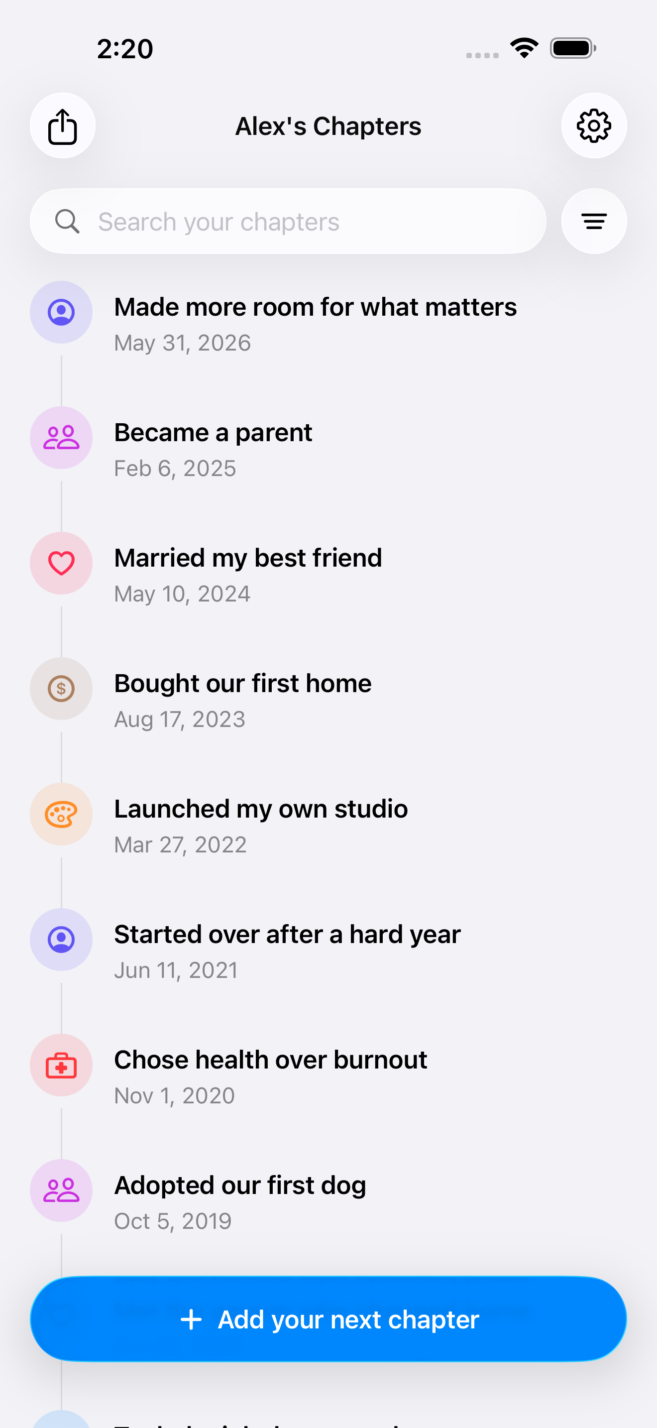 A private timeline made from saved life story chapters